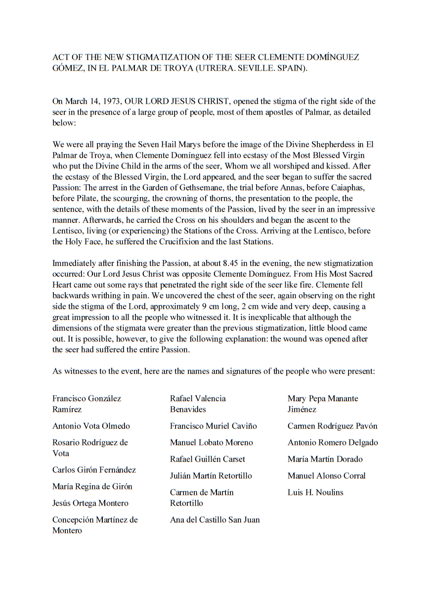 Akto ng Istigmatisasyon ng Ika-14 ng Marso, 1973, ni Papa San Gregoryo XVII, nilagdaan ng mga Saksi
