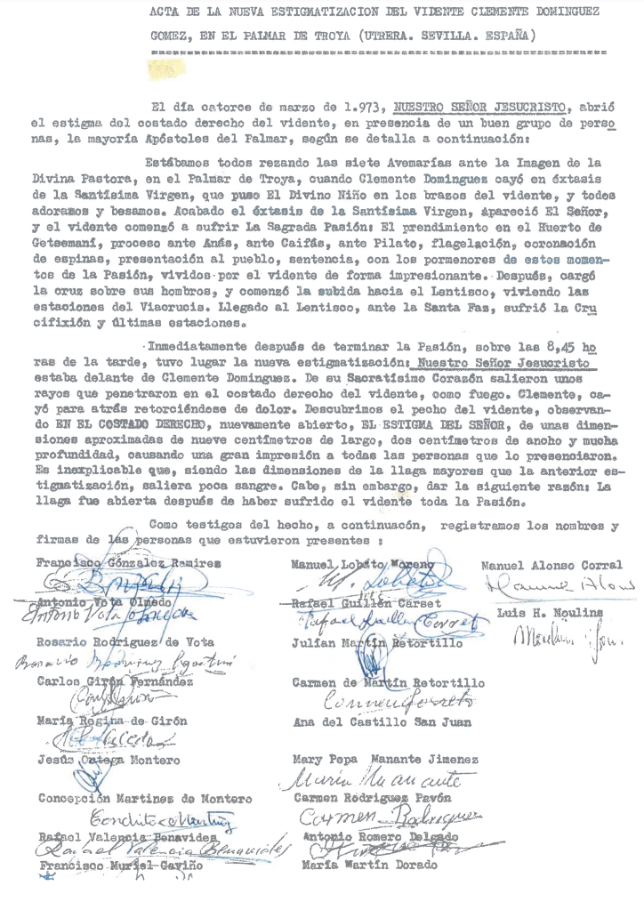 Akto ng Istigmatisasyon ng Ika-14 ng Marso, 1973, ni Papa San Gregoryo XVII, nilagdaan ng mga Saksi